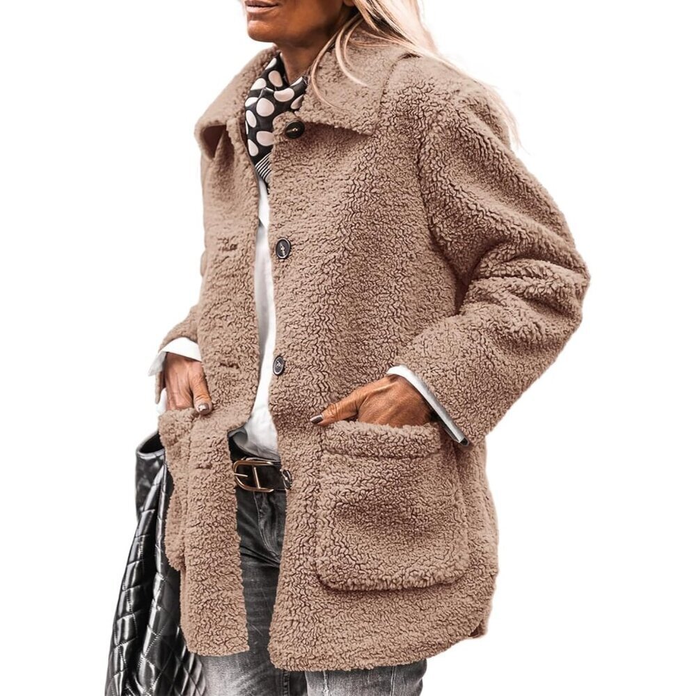 Women’s Winter Faux Fur Coat Long Sleeve Lapel Button Down Fleece Sherpa Jacket